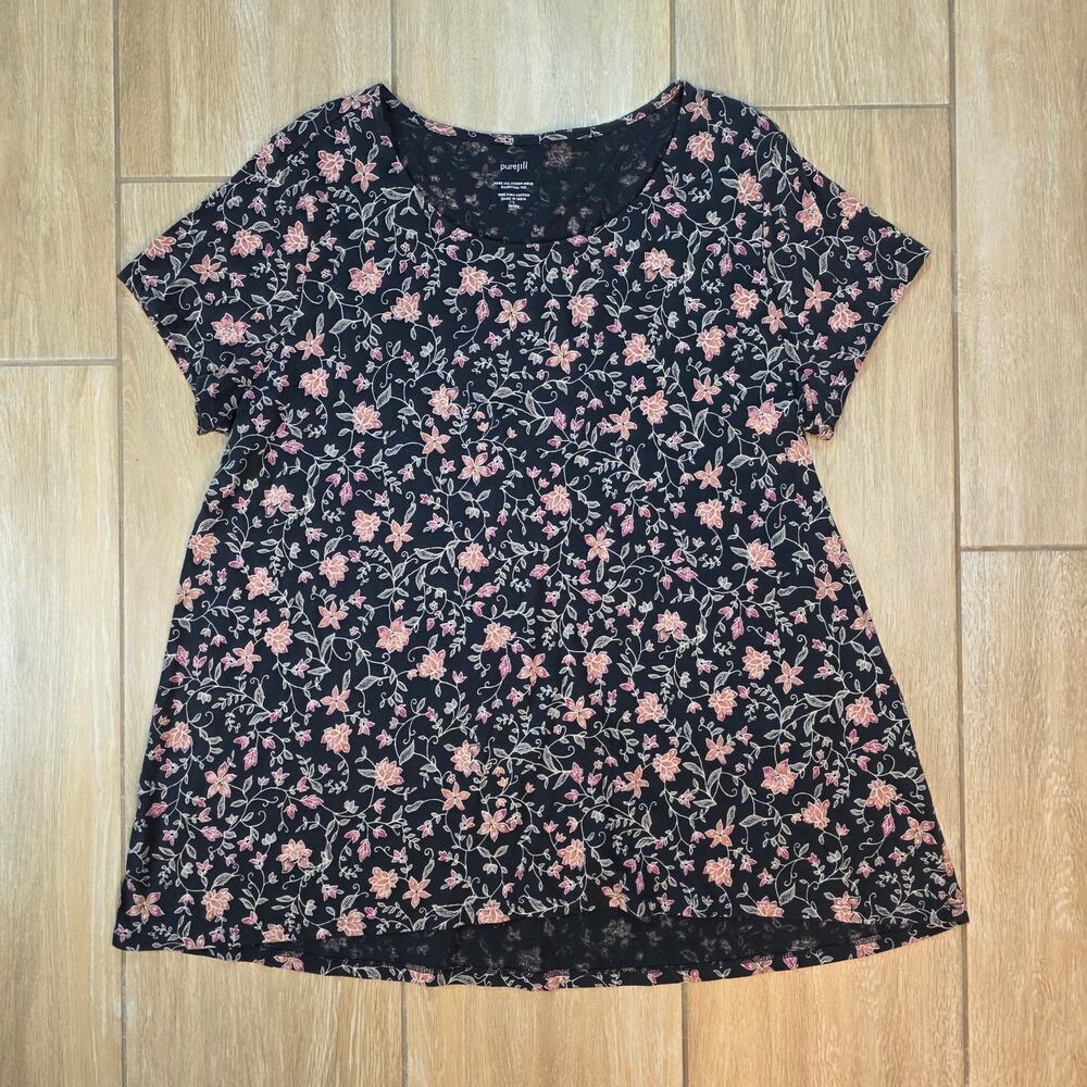 Pure Jill Pima Cotton Scoop Neck Elliptical Tee Black Floral Top Petite L